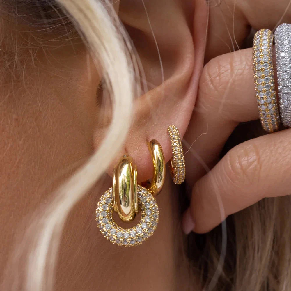 Punk Circle Pendant Shiny Rhinestone Stainless Steel Drop Earrings Bilayer Oval round Rust Proof Party Zircon Huggie Jewelry New